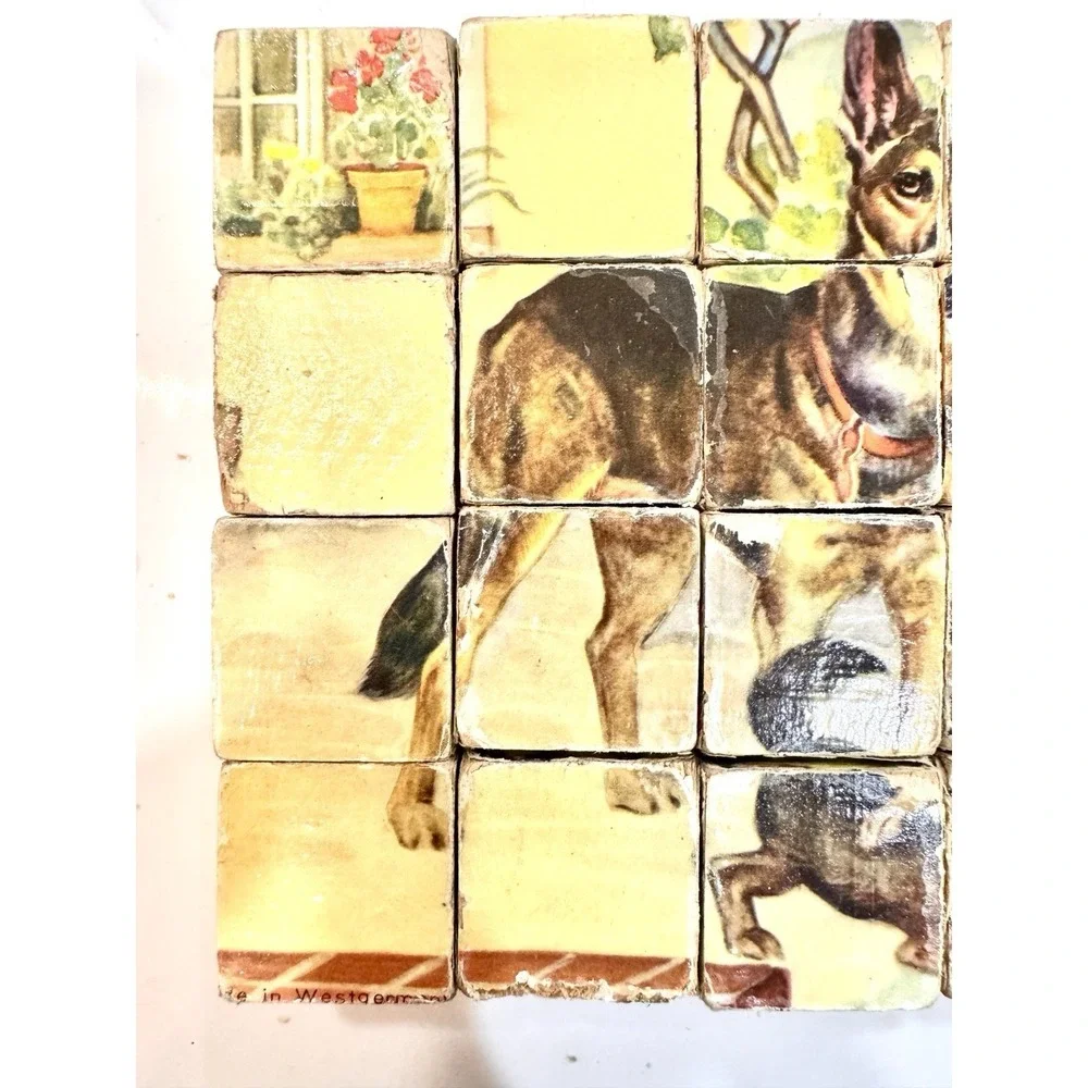 Vintage Farmhouse Wooden Picture Blocks Puzzle Chicken Horse Kitten‎ Cottagecore